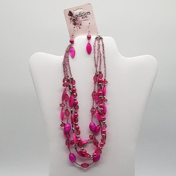 Madison Avenue 4 Strand Fuchsia Pink Glass Faux Beaded Necklace & Earring Set - Picture 1 of 9